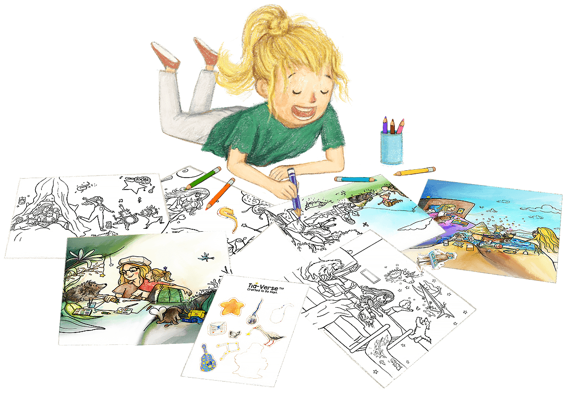 Child coloring with Color Me Tía™ pages and sticker sheets spread around them